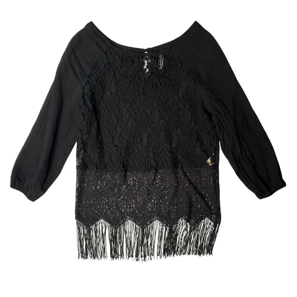 Free People Windows of Lace Black Fringe Sheer Top - Picture 2 of 7